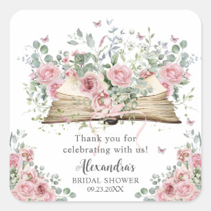 Blush Pink Floral Book New Chapter Bridal Shower Square Sticker