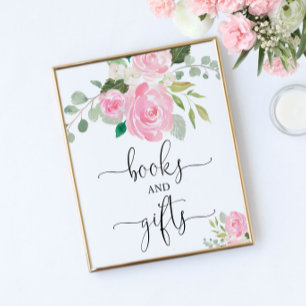 Blush pink floral books and gifts baby shower sign