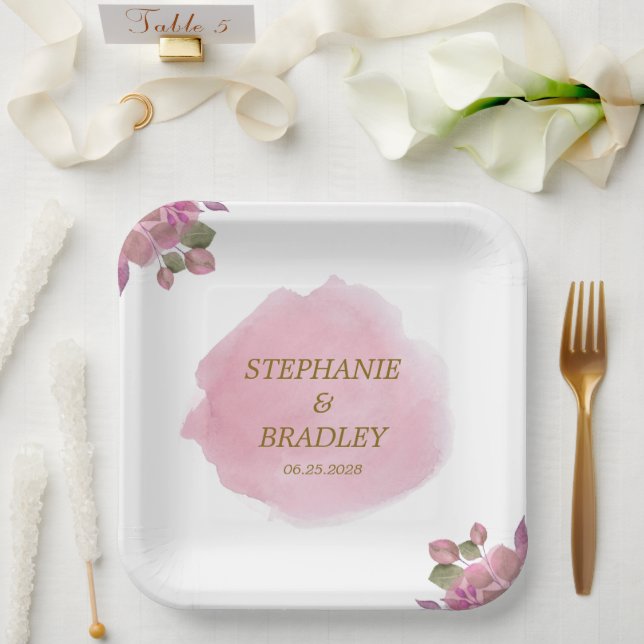 Blush Pink Floral Botanical Elegant Modern Wedding Paper Plate (Wedding)