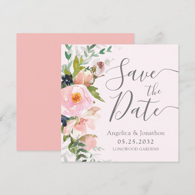 Blush Pink Floral Botanical Grey Save The Date (Front/Back)