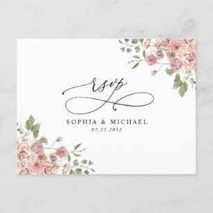 Blush Pink Floral Botanical QR Code Wedding RSVP Postcard