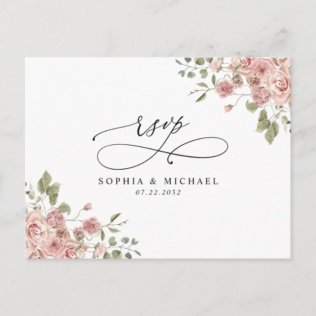 Blush Pink Floral Botanical QR Code Wedding RSVP Postcard (Front)