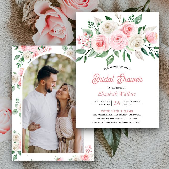 Blush Pink Floral Bouquet Photo Bridal Shower Invitation (Creator Uploaded)