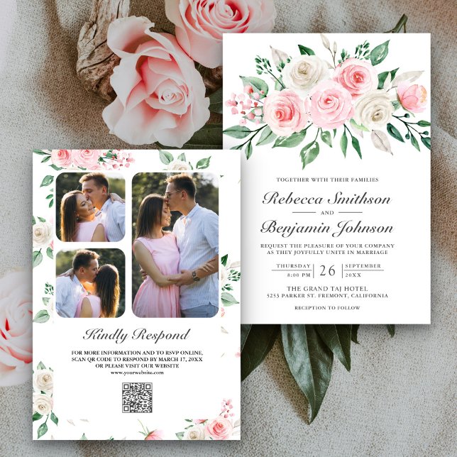Blush Pink Floral Bouquet QR Code Wedding Invitation (Creator Uploaded)