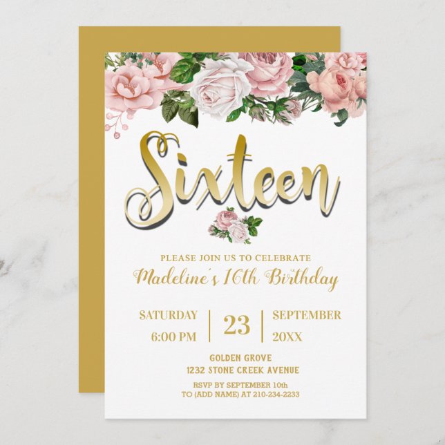 Blush Pink Floral Bouquet | Sweet 16 Invitation (Front/Back)