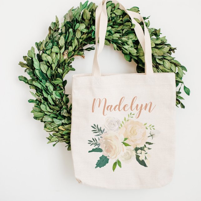 Blush Pink Floral Bouquet Wedding Bridesmaid Name Tote Bag (Creator Uploaded)