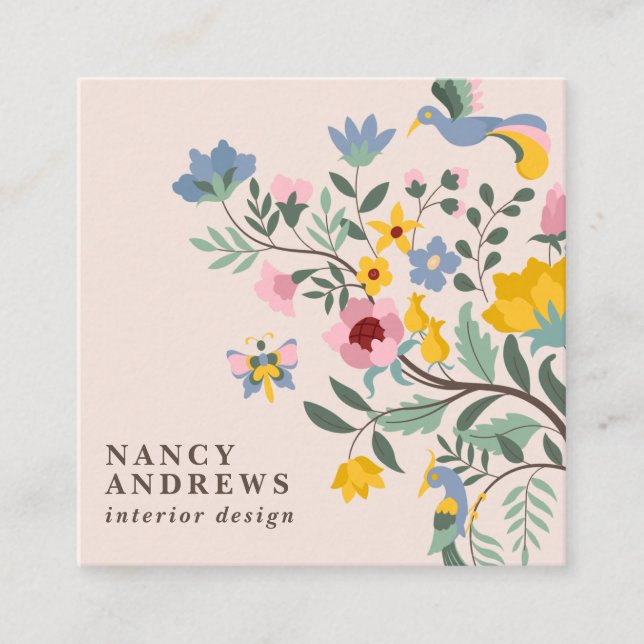Blush pink floral bouquet whimsical illustration square business card (Front)