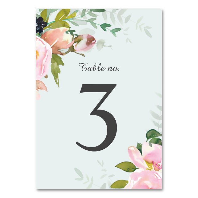Blush Pink Floral Bouquets Sky Blue Wedding Table Number (Front)