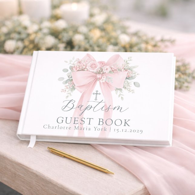Blush Pink floral Bow Baby girl Baptism Guest Book (Creator Uploaded)