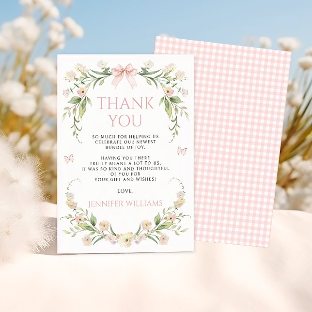 Blush Pink Floral Bow Butterfly Baby Girl Shower Thank You Card (Creator Uploaded)