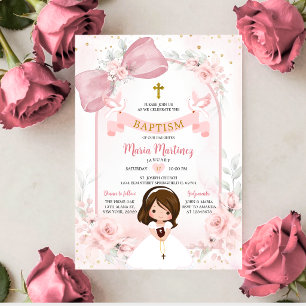 Blush Pink Floral Bow Little Girl Dove Baptism Invitation