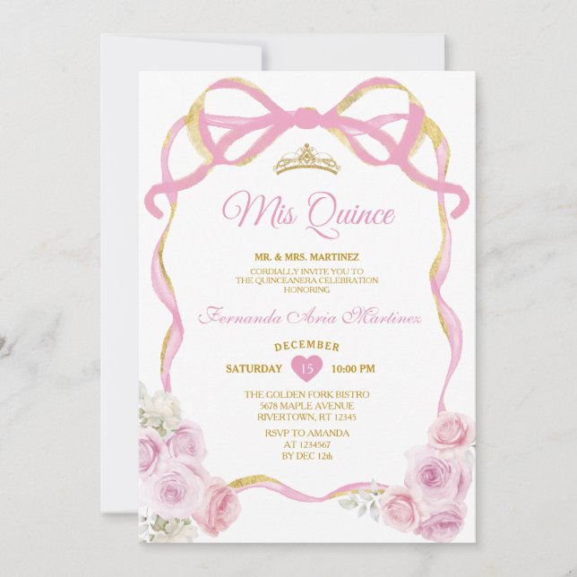 Blush Pink Floral Bow Ribbon Gold Crown Mis Quince Invitation (Front)