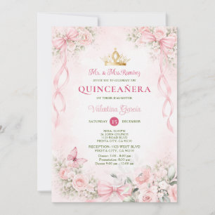 Blush Pink Floral Bow Ribbon Quinceañera Invitation