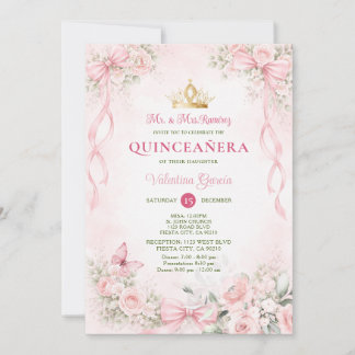 Blush Pink Floral Bow Ribbon Quinceañera Invitation