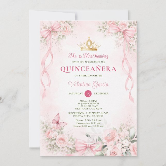 Blush Pink Floral Bow Ribbon Quinceañera Invitation (Front)