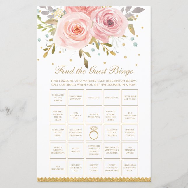 Blush Pink Floral Bridal Find the Guest Bingo Game (Front)