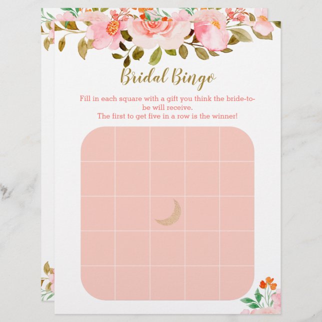 Blush Pink Floral Bridal shower Bingo Game (Front/Back)