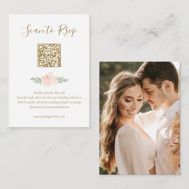 Blush Pink Floral Budget QR Code RSVP Enclosure Card (Front/Back)