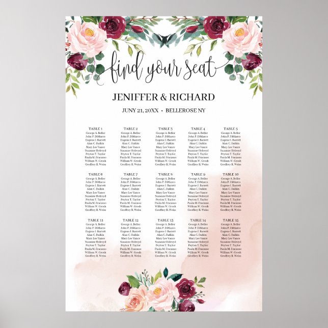 Blush pink floral burgundy greenery seating chart (Front)
