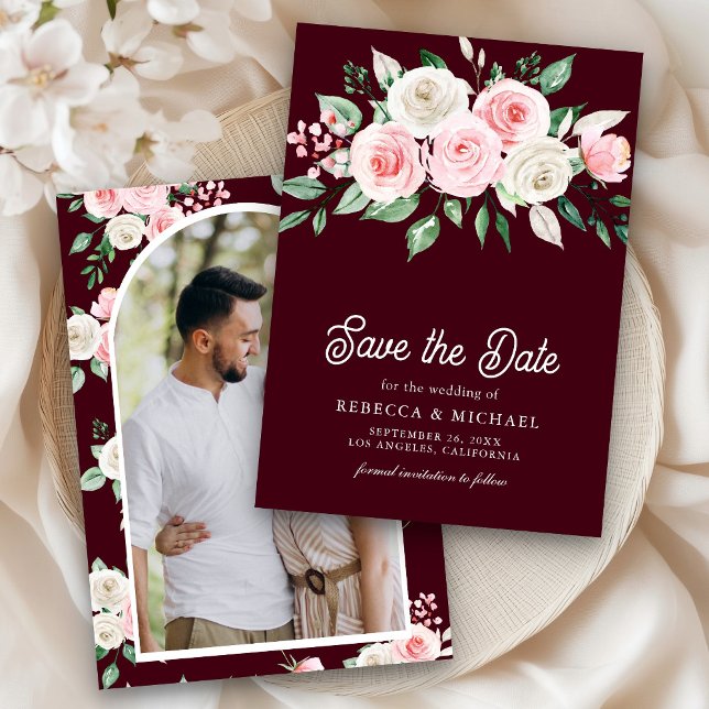 Blush Pink Floral Burgundy Photo Wedding Save The Date (Creator Uploaded)