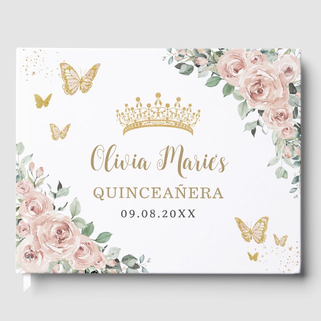 Blush Pink Floral Butterflies Gold Quinceañera Guest Book (Front)