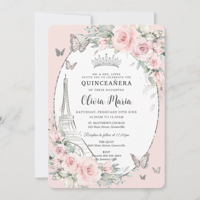 Blush Pink Floral Butterflies Paris Quinceañera Invitation (Front)