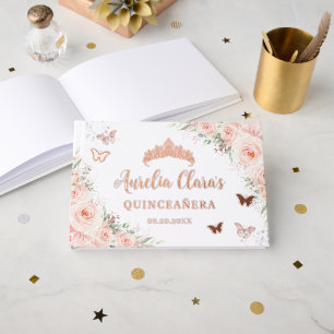 Blush Pink Floral Butterflies Quince XV Rose Gold Guest Book