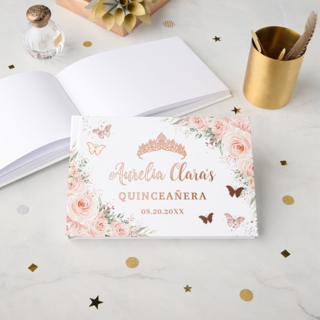 Blush Pink Floral Butterflies Quince XV Rose Gold Guest Book (Front Open)