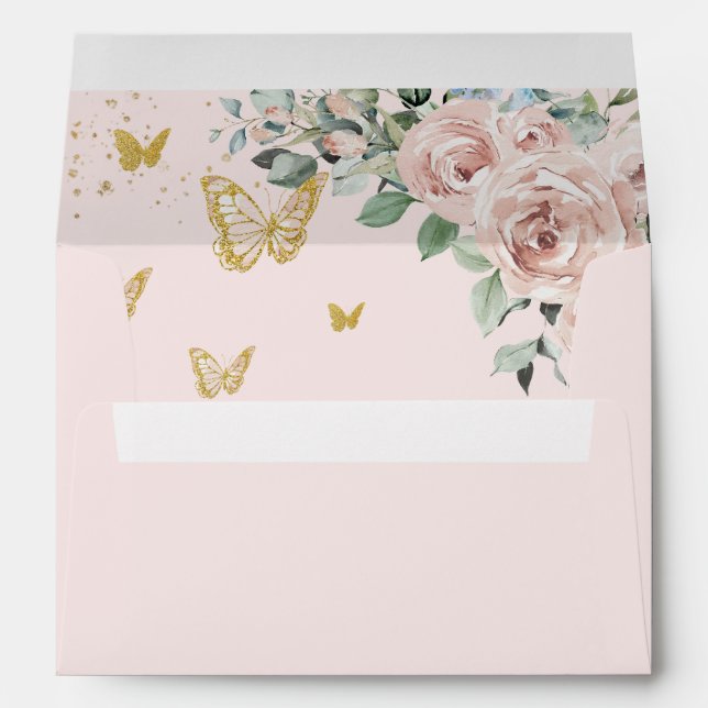 Blush Pink Floral Butterflies Quinceañera Birthday Envelope (Back (Bottom))
