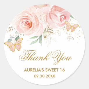 Blush Pink Floral Butterflies Quinceanera Sweet 16 Classic Round Sticker