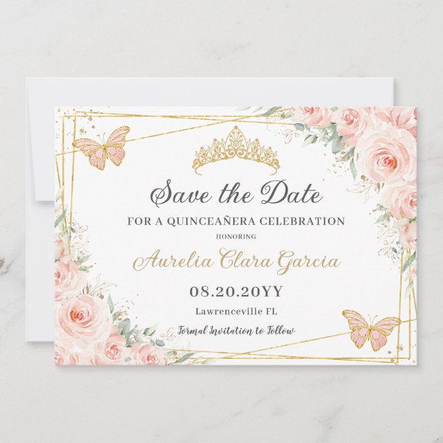 Blush Pink Floral Butterflies Quinceañera Sweet 16 Save The Date (Front)