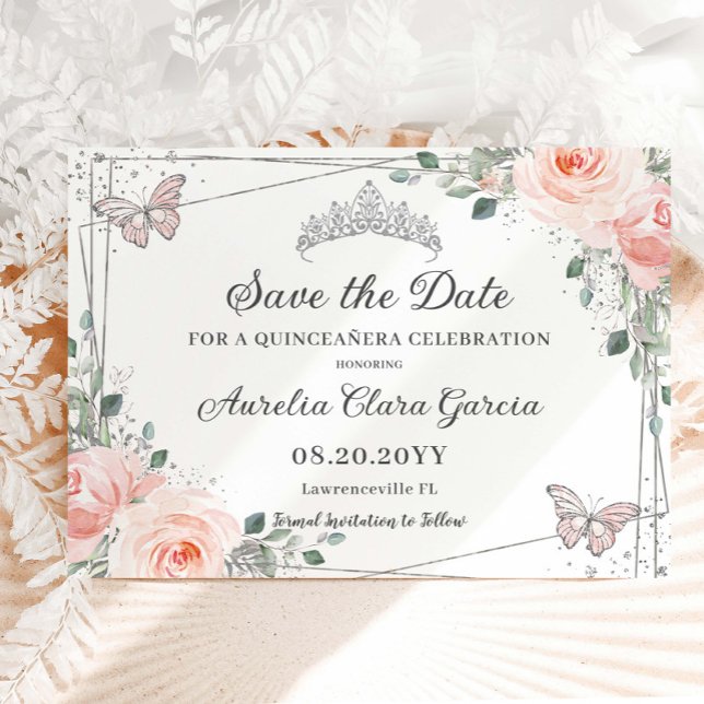 Blush Pink Floral Butterflies Quinceañera Sweet 16 Save The Date (Creator Uploaded)
