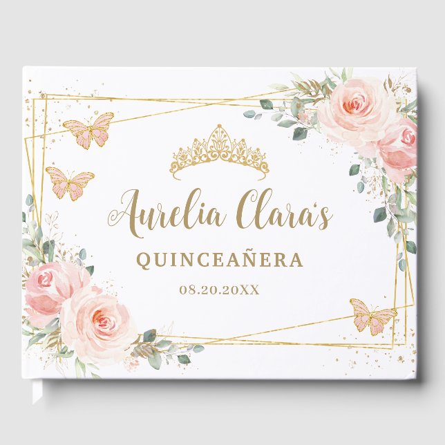 Blush Pink Floral Butterfliies Gold Quinceanera Guest Book (Front)