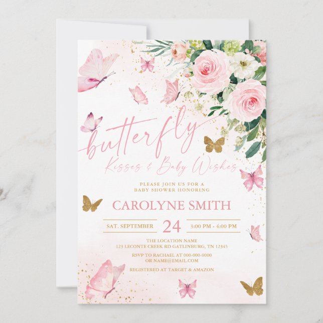 Blush Pink Floral Butterfly Kisses Baby Shower Invitation (Front)