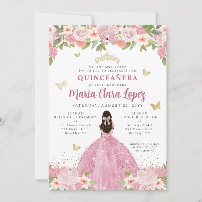 Blush Pink Floral Butterfly Princess Quinceanera Invitation (Front)