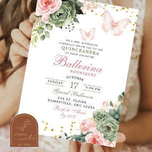 Blush Pink Floral Butterfly Quinceanera Invitation
