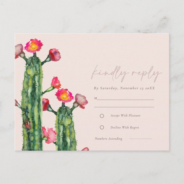 Blush Pink Floral Cacti Foliage Watercolor RSVP Postcard (Front)