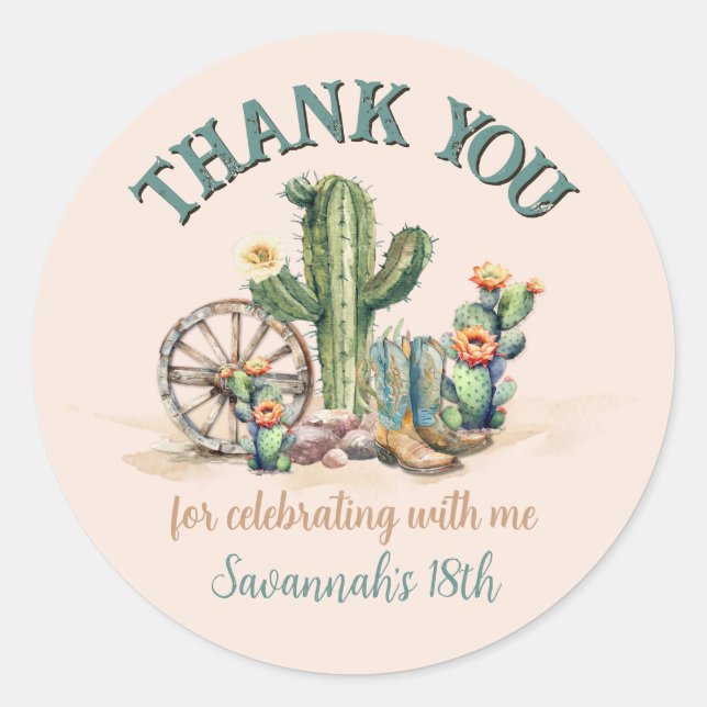 Blush Pink Floral Cactus Desert Scene Thank You Classic Round Sticker (Front)