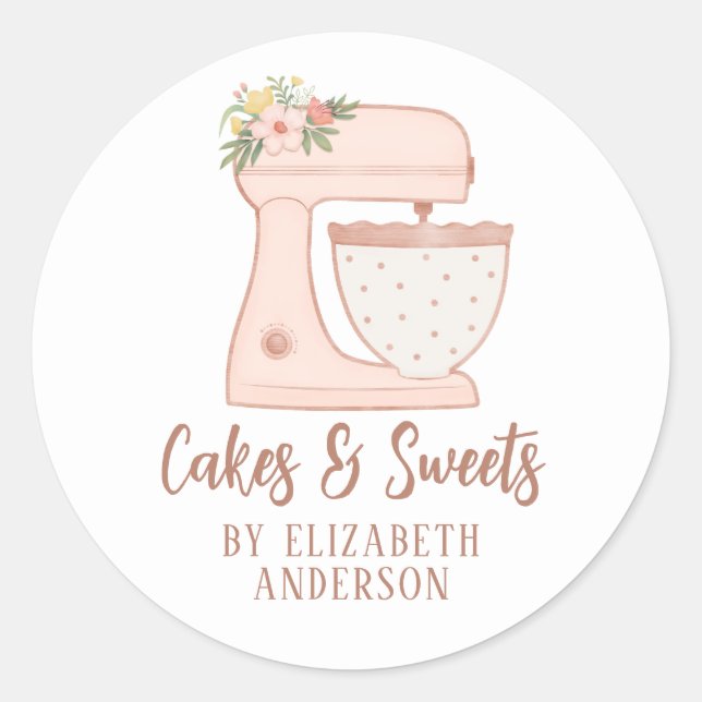 Blush Pink Floral Cake Mixer Bakery Catering  Classic Round Sticker (Front)