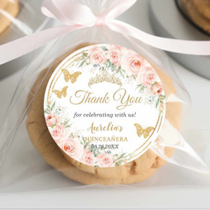 Blush Pink Floral Champagne Gold Butterflies Favou Classic Round Sticker