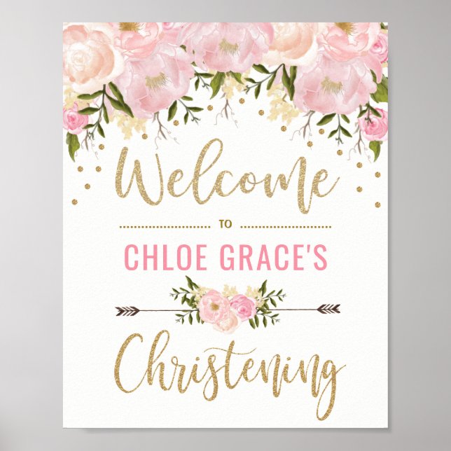 Blush Pink Floral Christening Welcome Sign Decor (Front)