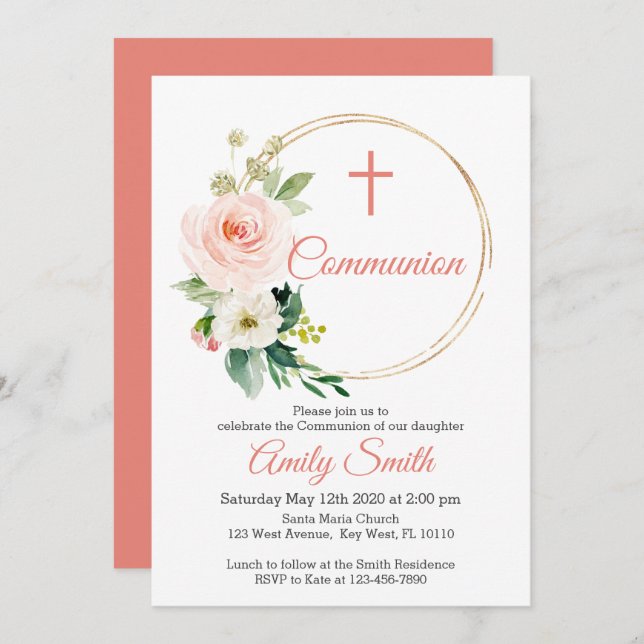 Blush Pink Floral Communion Invitation (Front/Back)