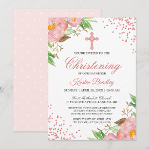 Blush Pink Floral Confetti Christening Baptism Invitation