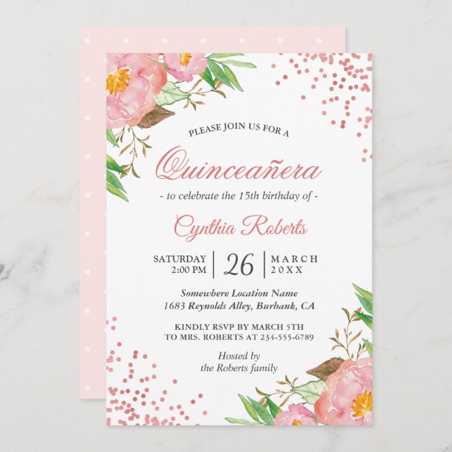 Blush Pink Floral Confetti Quinceañera Birthday Invitation (Front/Back)