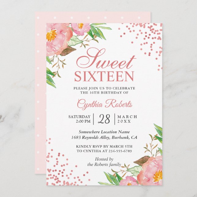 Blush Pink Floral Confetti Sweet 16 Birthday Party Invitation (Front/Back)