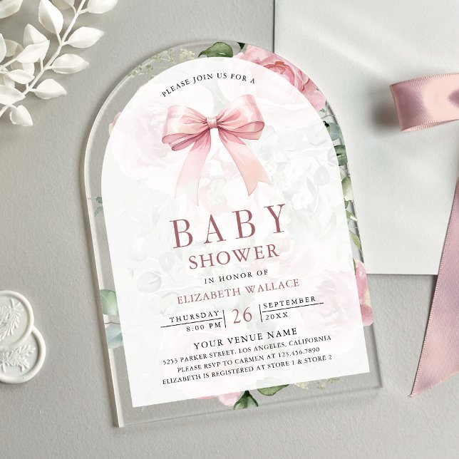  Blush Pink Floral Coquette Bow Arch Baby Shower Acrylic Invitations (Creator Uploaded)