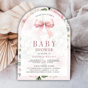  Blush Pink Floral Coquette Bow Arch Baby Shower Invitation