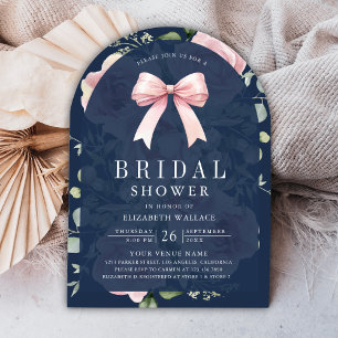 Blush Pink Floral Coquette Bow Navy Bridal Shower Invitation