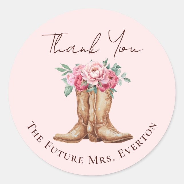 Blush Pink Floral Cowgirl Bridal Shower Thank You Classic Round Sticker (Front)