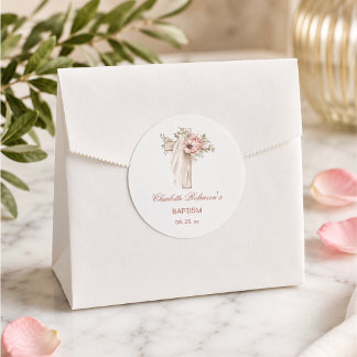 Blush Pink Floral Cross Baptism Classic Round Sticker